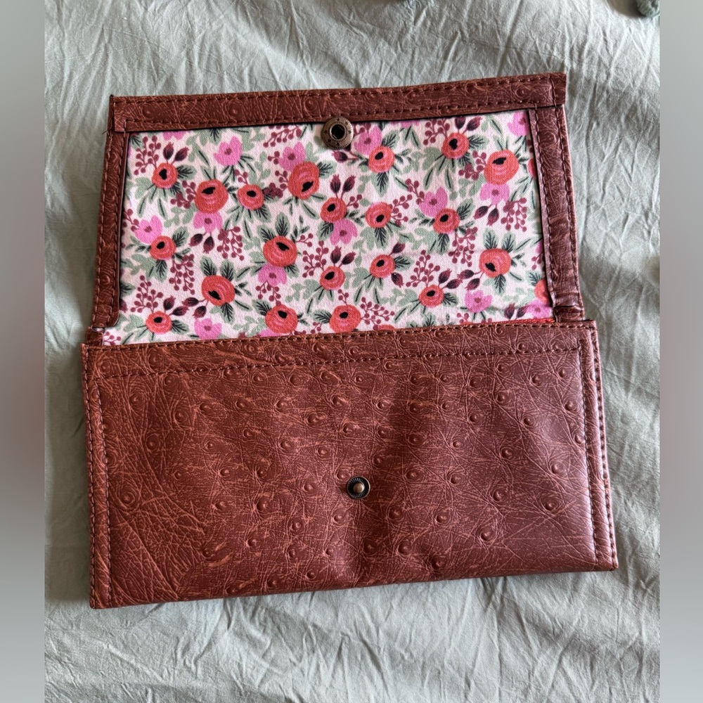 BNWOT genuine ostrich brown leather wallet with floral detail, snap closure